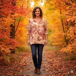 CJ Banks Fall Foliage Print Button Front Cardigan Sweater Womens 3X Autumn Leaf